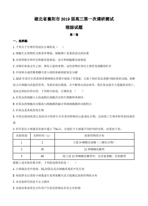【理科综合模拟】湖北省襄阳市2019届高三第一次调研测试理科综合试题