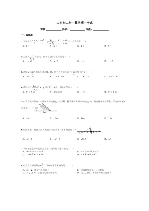 山东初二初中数学期中考试带答案解析

