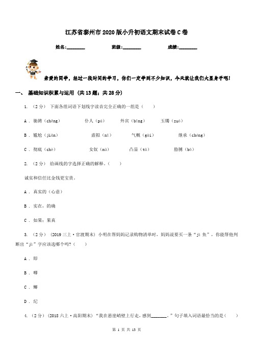 江苏省泰州市2020版小升初语文期末试卷C卷