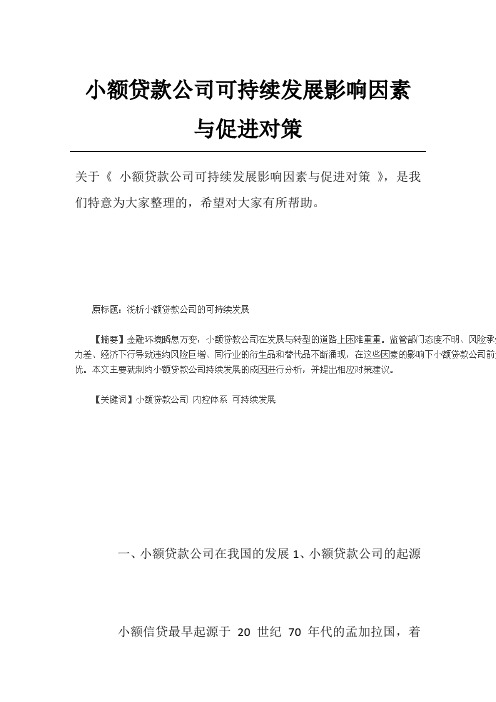 小额贷款公司可持续发展影响因素与促进对策