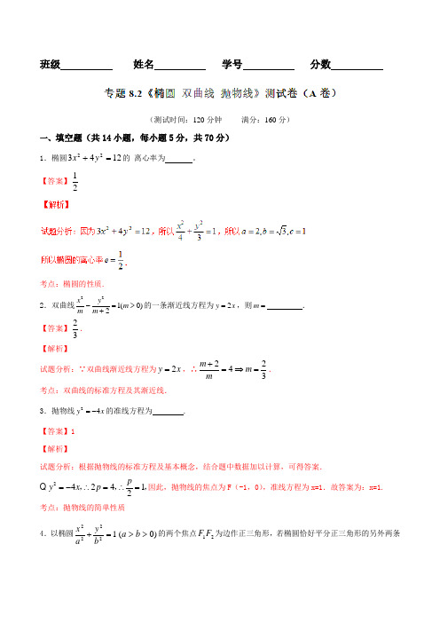 专题8.2 椭圆 双曲线 抛物线(A卷)-2017届高三数学同步单元双基双测“AB”卷(江苏版)(解析版)