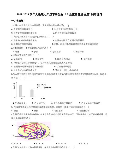 2018-2019学年人教版七年级下册生物 4.2血流的管道-血管 课后练习