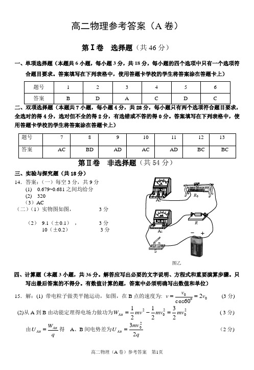 高二物理试卷(A)参考答案  2015东莞期末考试 (2)