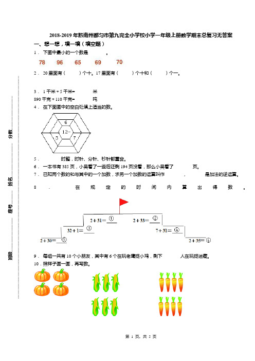 2018-2019年黔南州都匀市第九完全小学校小学一年级上册数学期末总复习无答案