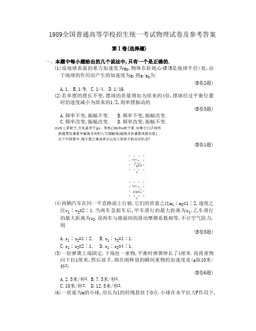 1987年全国普通高等学校招生统一考试物理试卷及参考答案