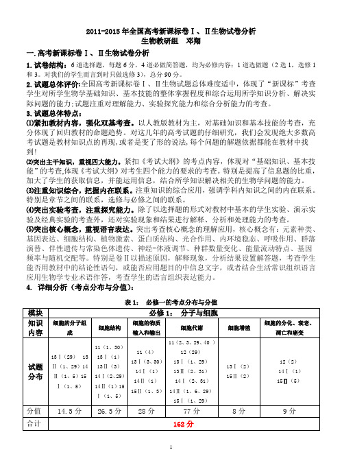 2011-2015年高考新课标卷生物试卷分析