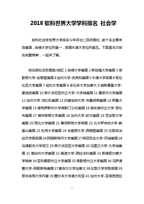 2018软科世界大学学科排名 社会学