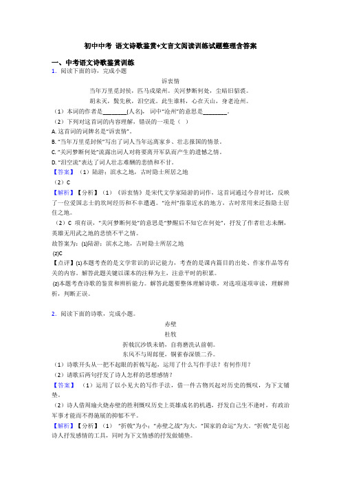 初中中考 语文诗歌鉴赏+文言文阅读训练试题整理含答案
