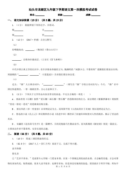 汕头市龙湖区九年级下学期语文第一次模拟考试试卷