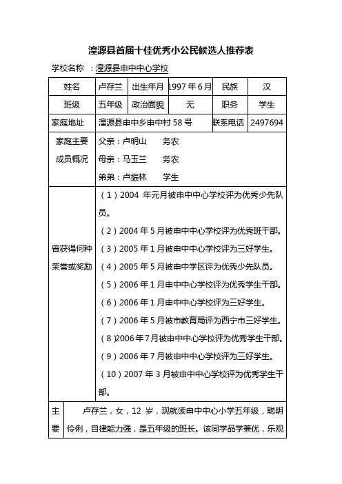 湟源县首届十佳优秀小公民候选人推荐表(1)