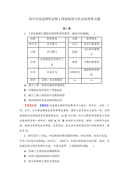 新教材高中历史选择性必修1国家制度与社会治理全册每课重点题汇总含答案解析