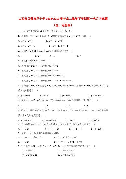 山西省吕梁育星中学2018_2019学年高二数学下学期第一次月考试题(62,无答案)