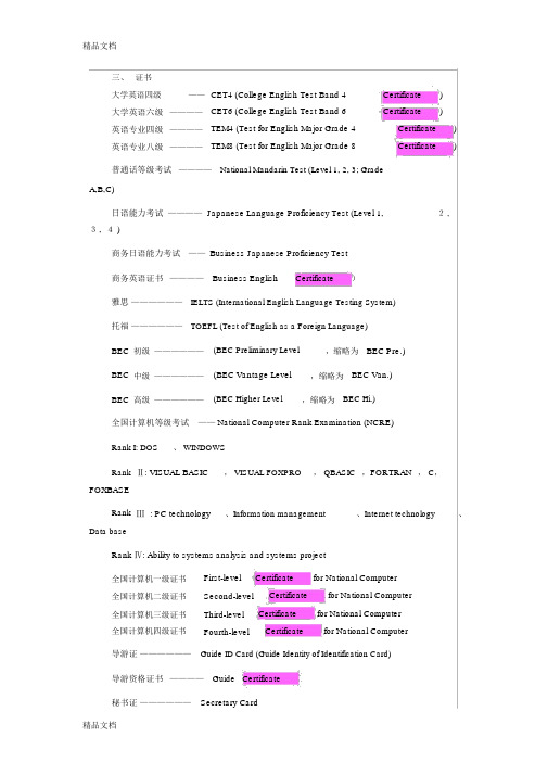 各种证书中英文对照学习资料