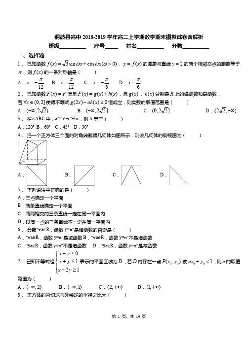 铜鼓县高中2018-2019学年高二上学期数学期末模拟试卷含解析