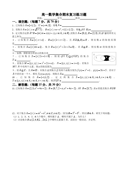 高一数学集合期末复习练习题