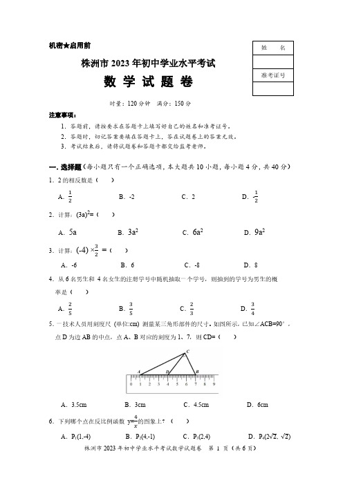 2023年湖南省株洲市中考数学真题试卷(含答案)