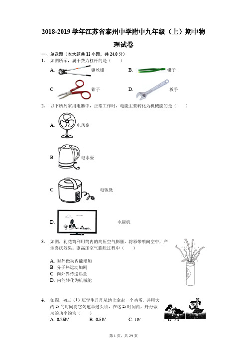 2018-2019学年江苏省泰州中学附中九年级(上)期中物理试卷(解析版)