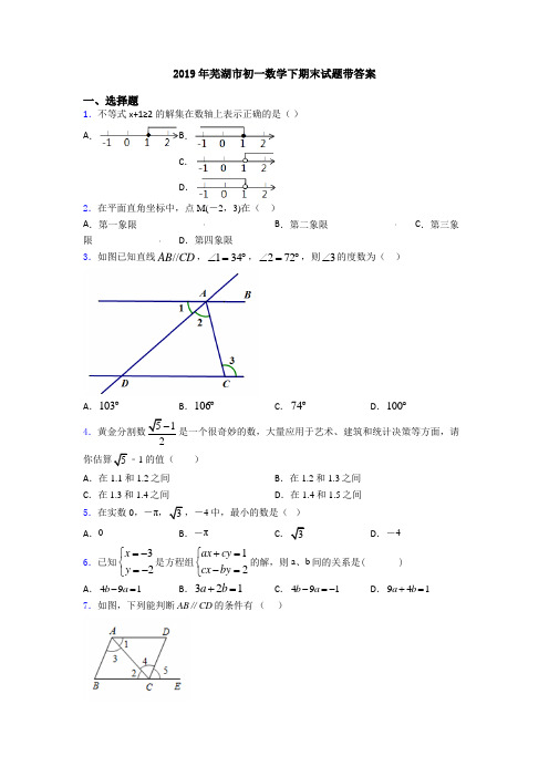 2019年芜湖市初一数学下期末试题带答案