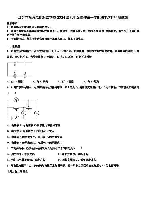 江苏省东海晶都双语学校2024届九年级物理第一学期期中达标检测试题含解析