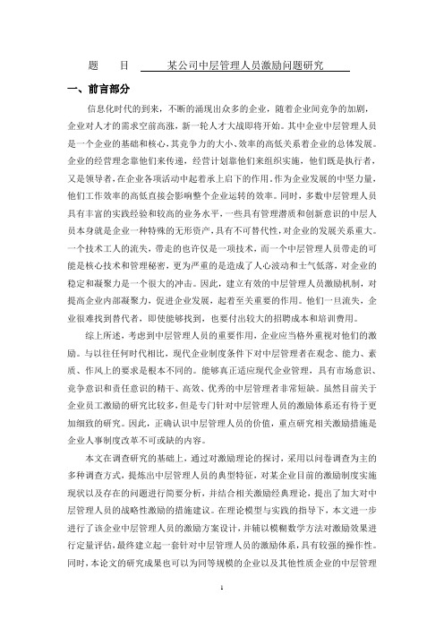 文献综述--某公司中层管理人员激励问题研究