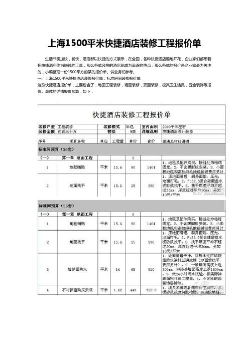 上海某快捷酒店装修工程报价单