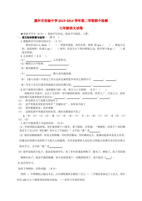 浙江省嘉兴市实验中学七年级语文下学期期中检测试题