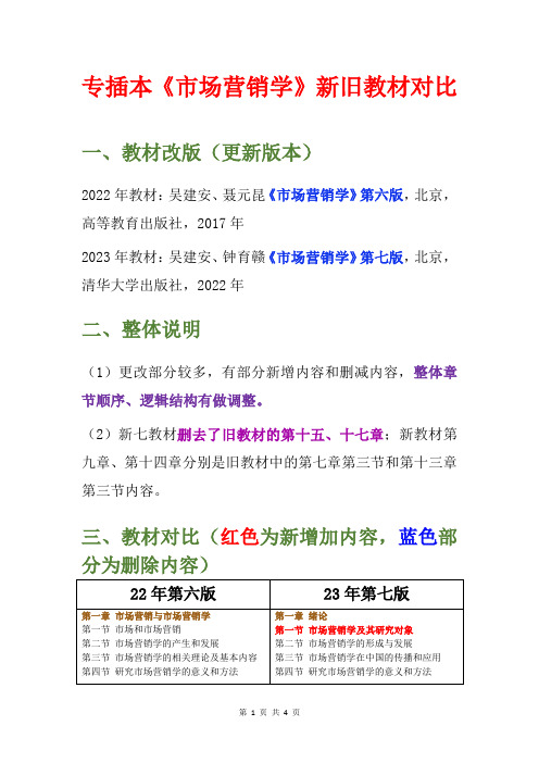 广东专插本《市场营销学》第6版与第7版教材内容对比