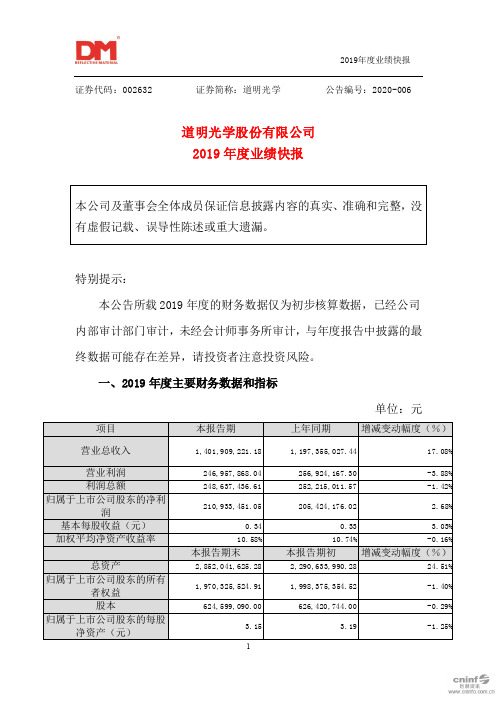 道明光学：2019年度业绩快报