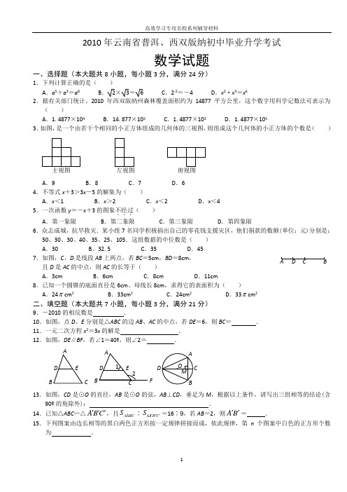 2010年云南省普洱市中考数学试题含扫描答案