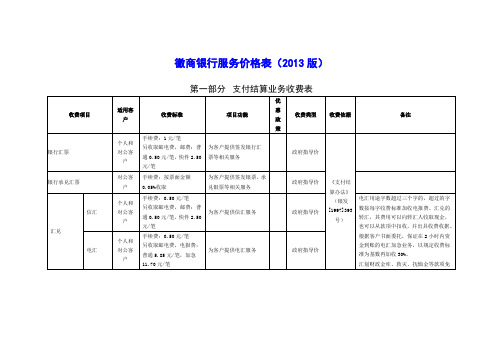 徽商银行服务价格表(2013版)..