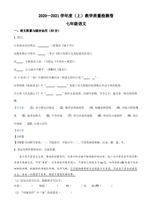 安徽省阜阳市颍州区2020-2021学年七年级上学期期末语文试题(解析版)
