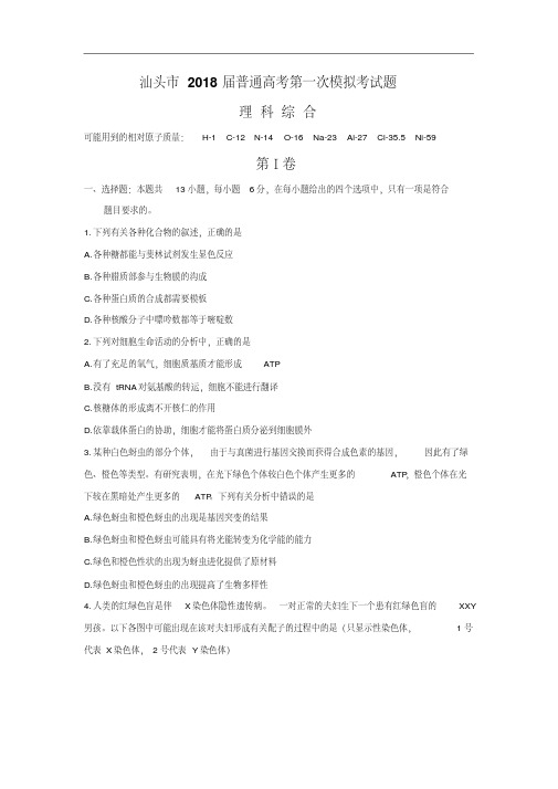 广东省汕头市2018届高三第一次(3月)模拟考试理科综合试卷