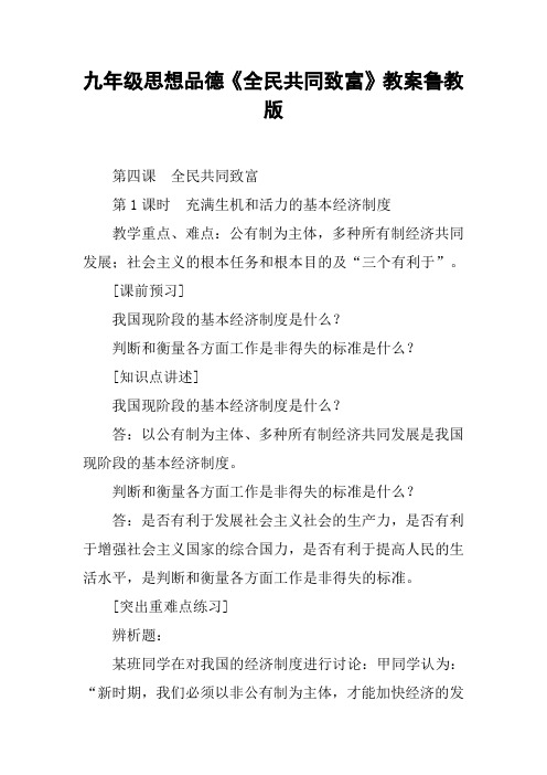 九年级思想品德《全民共同致富》教案鲁教版