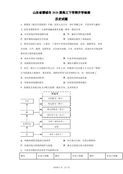 山东省聊城市2020届高三下学期开学检测历史试题(带答案解析)