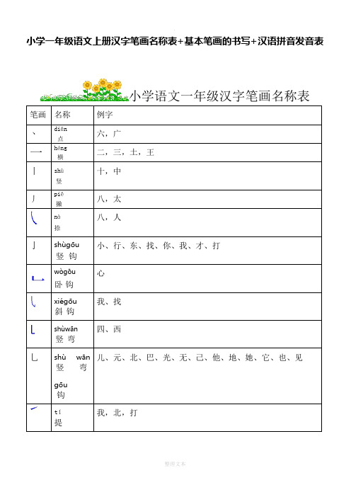 小学一年级语文汉字笔画名称表+基本笔画的书写+汉语拼音发音表