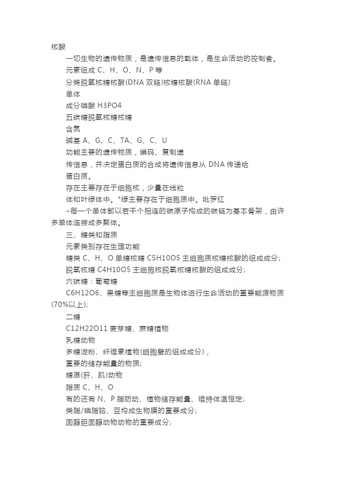 高一生物组成细胞的分子必修二重要知识点