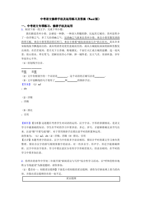 中考语文修辞手法及运用练习及答案(Word版)