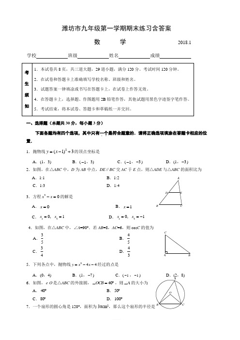 山东省潍坊市2018届初三上期末练习数学试卷(含答案)