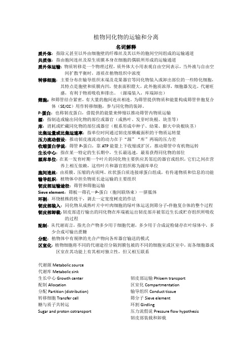 植物生理学-植物同化物的运输和分离名词解释和知识点