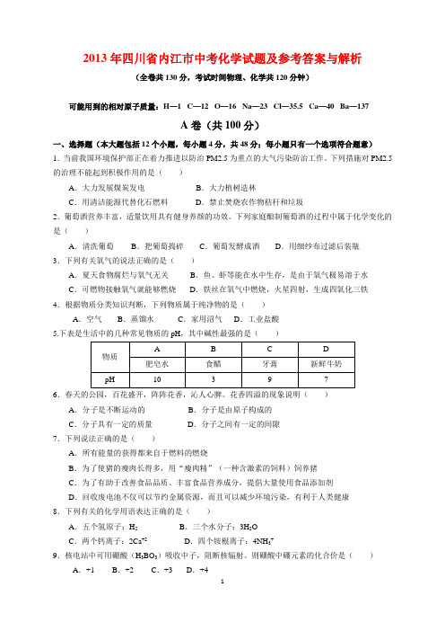 2013年四川省内江市中考化学试题及参考答案(word解析版)