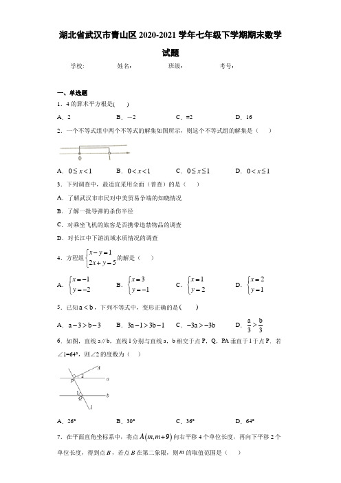 湖北省武汉市青山区2020-2021学年七年级下学期期末数学试题