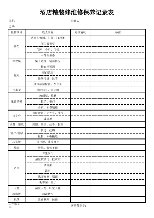 XX酒店客房精装修维修保养记录表