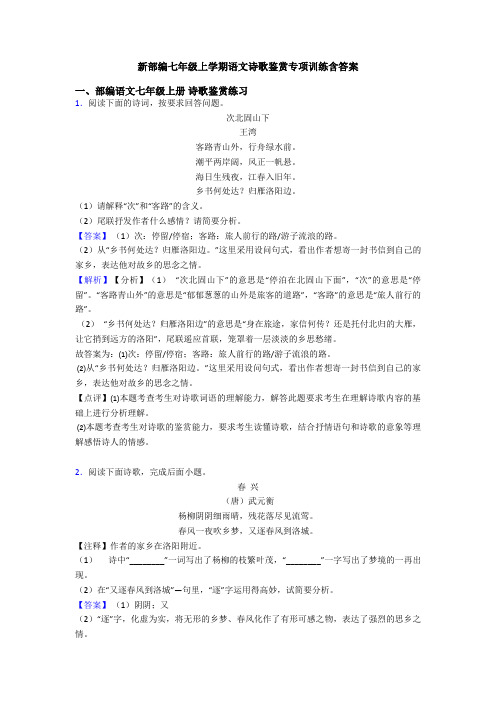 新部编七年级上学期语文诗歌鉴赏专项训练含答案