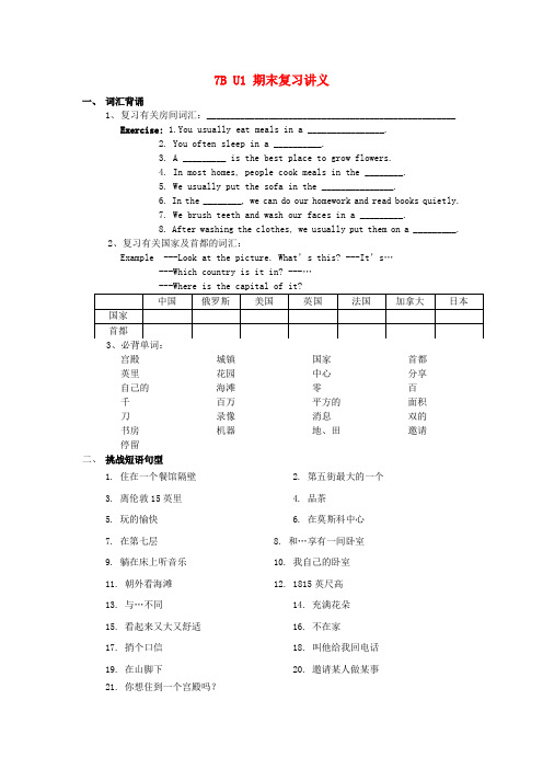 江苏省永丰初级中学七年级英语下册 Unit 1 Dream homes期末复习讲义(无答案)(新版)牛津版