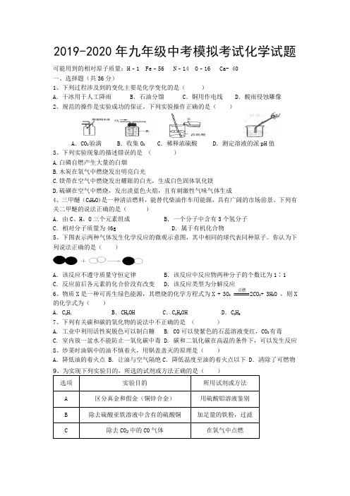 2019-2020年九年级中考模拟考试化学试题