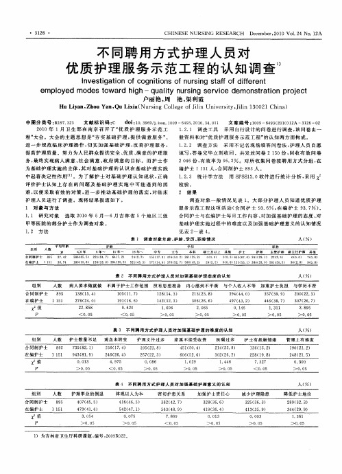 不同聘用方式护理人员对优质护理服务示范工程的认知调查