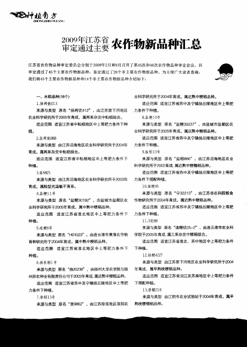 2009年江苏省审定通过主要农作物新品种汇总