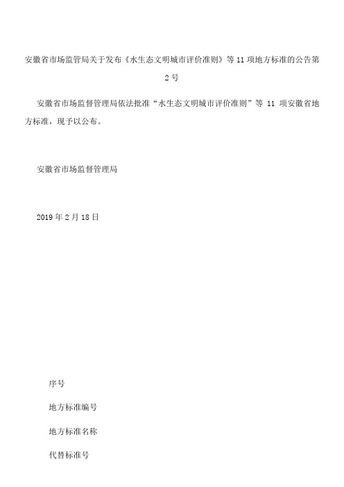 安徽省市场监管局关于发布《水生态文明城市评价准则》等11项地方标准的公告 第2号