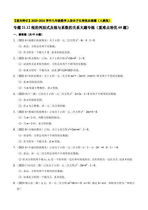 根的判别式及根与系数的关系大题专练(重难点培优60题)-九年级数学上册尖子生培优必刷题【人教版】