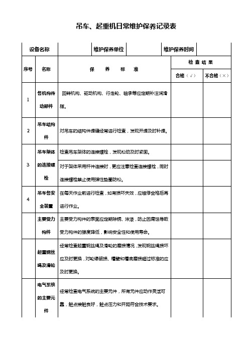 吊车维护保养记录表